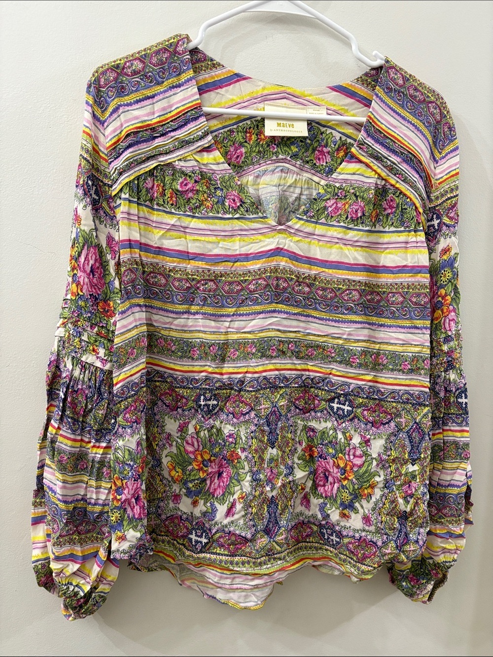 Maeve Anthropologie Multicolored Floral Stripe Peasant Blouse - medium